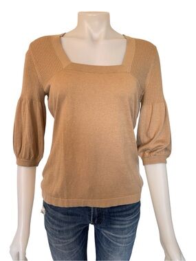 Banana Republic Silk Cotton Cashmere Camel Tan Square Neck Puff Sleeve Sweater
